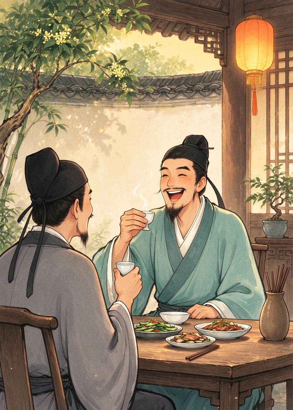 乐广端起酒杯，笑着说："老朋友，咱们好久没见，干一杯！"