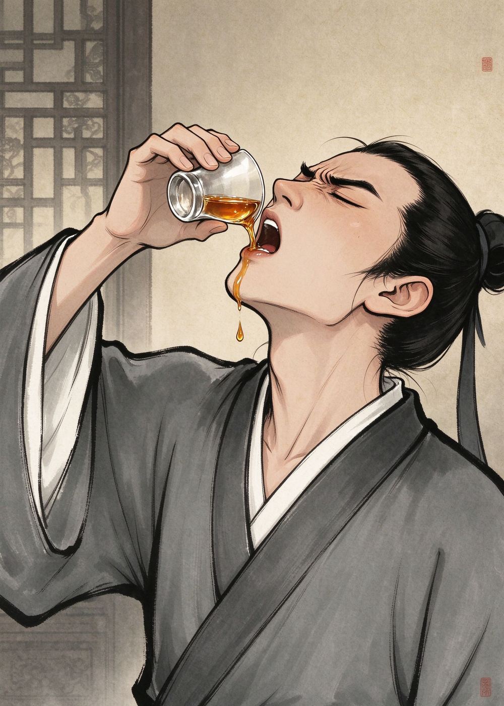 他皱着眉头，闭上眼睛，"咕咚"一声把酒喝了下去。