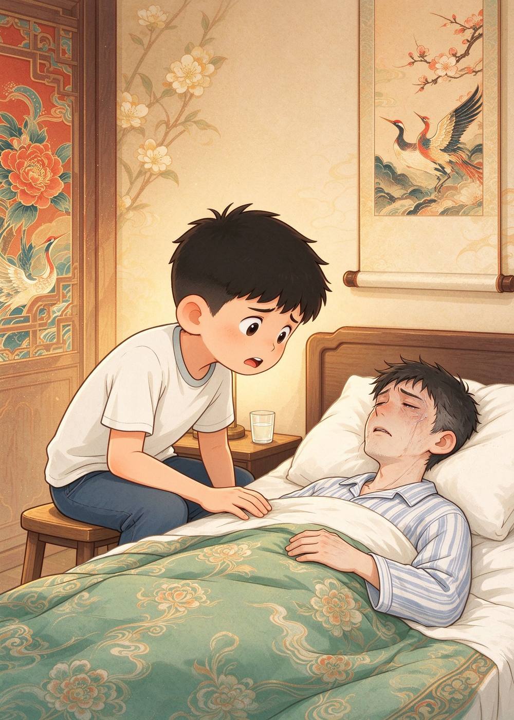 乐广坐在床边问："好好的，你怎么病成这样呀？"