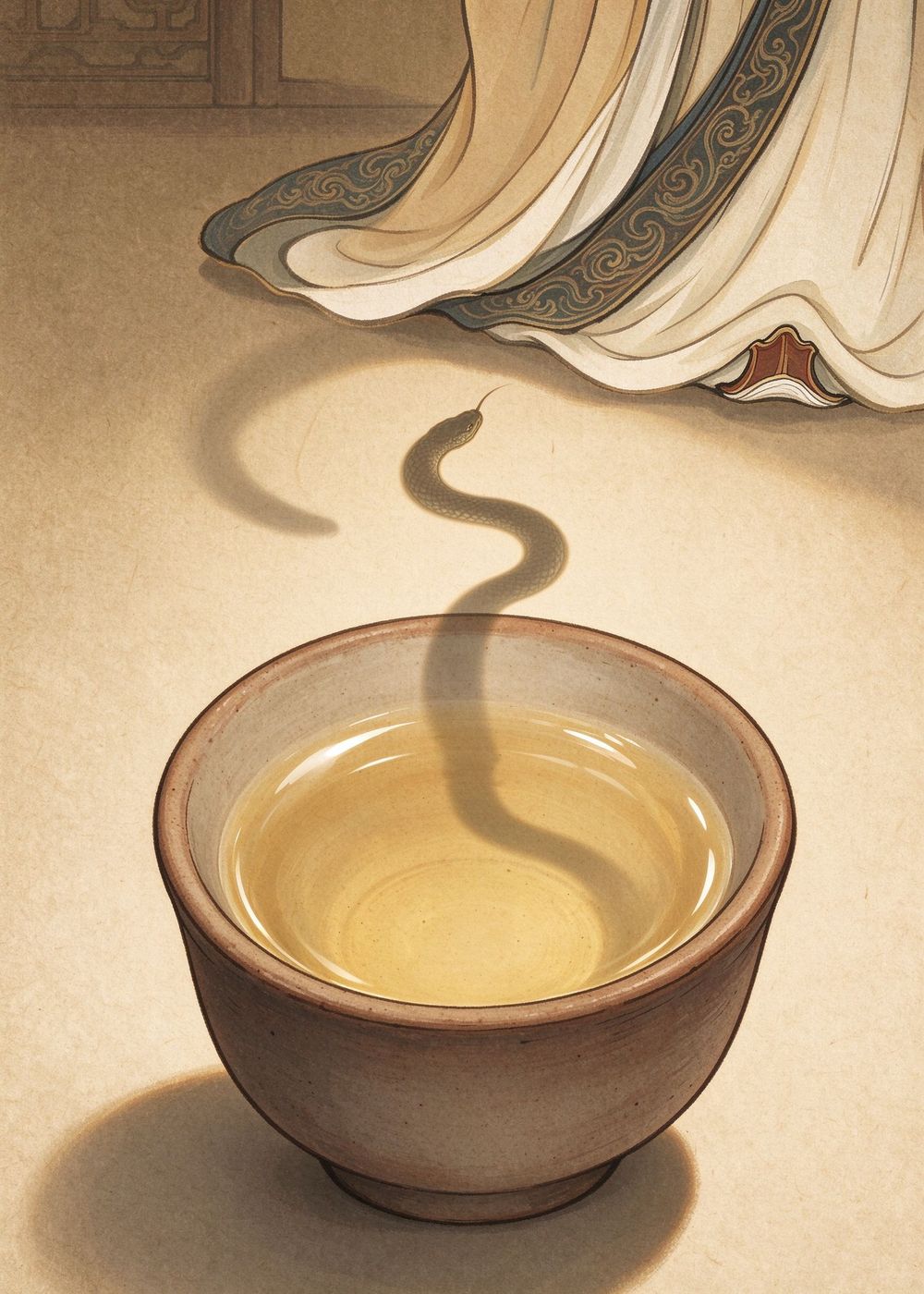 乐广往酒杯里一看——呀！弓的影子倒映在杯子里，真的像一条小蛇！
