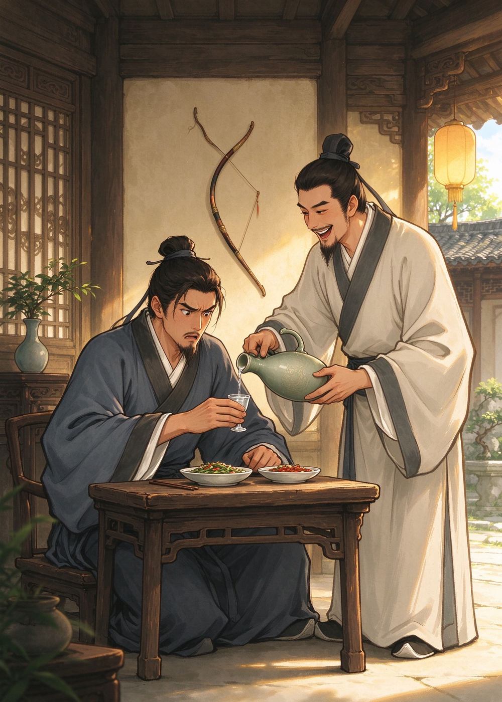 他让朋友还坐在原来的位置上，又倒了一杯酒。