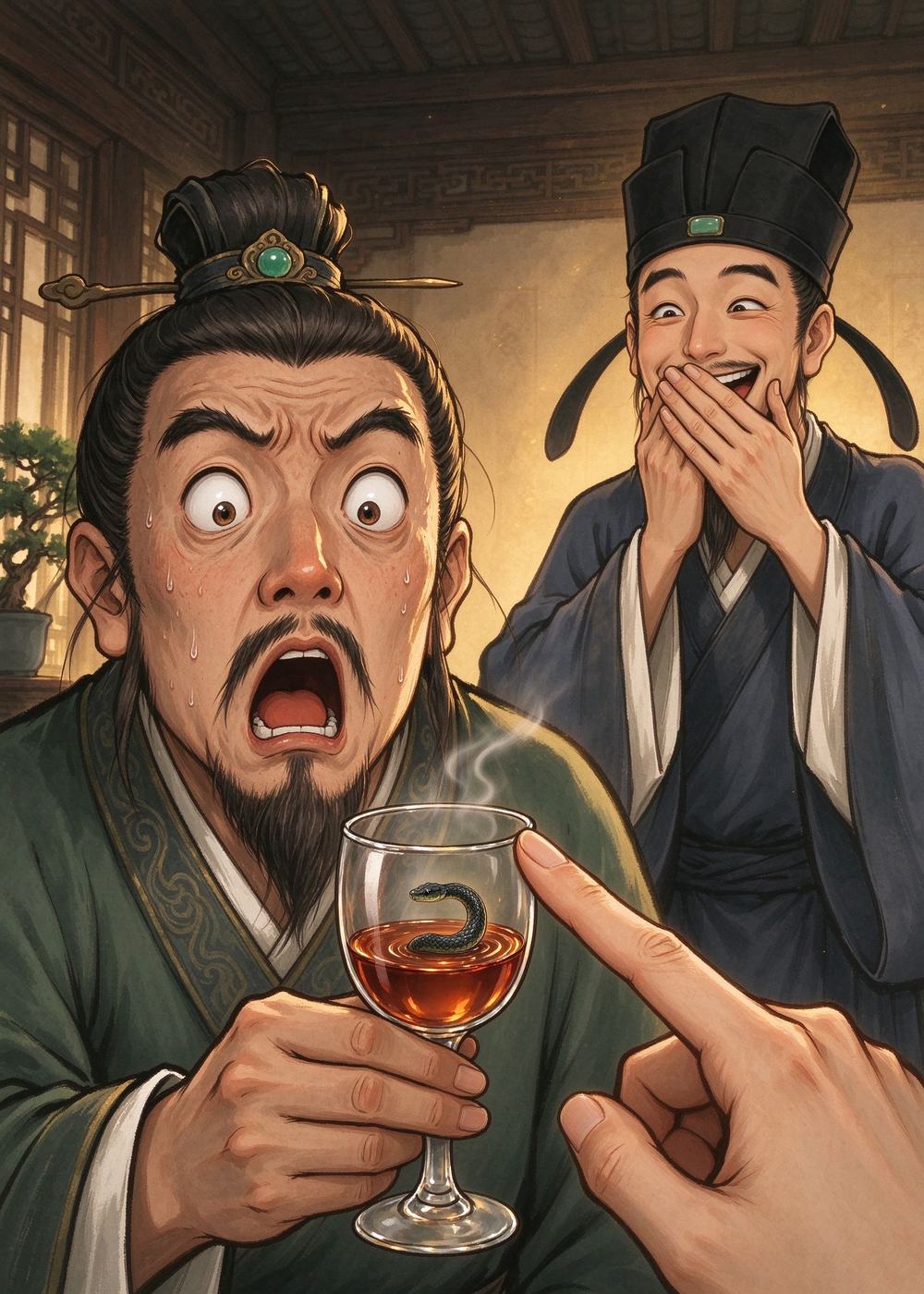 朋友一看，吓得叫起来："蛇！杯子里又有蛇！"