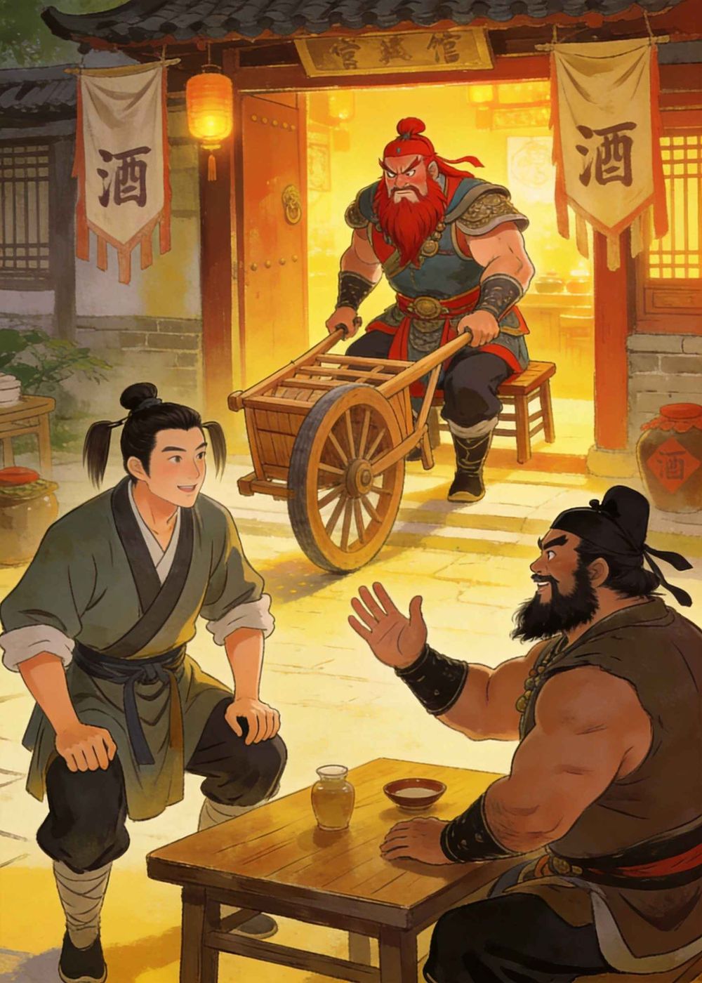 正喝着酒，一位红脸大汉也进了酒馆，正是关羽。