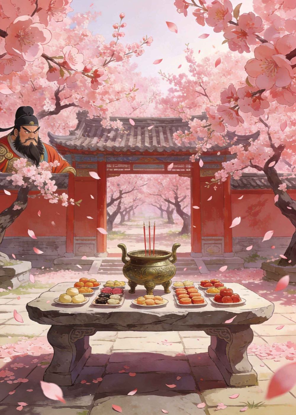 第二天，张飞备下乌牛白马，三个人来到他的桃园中。