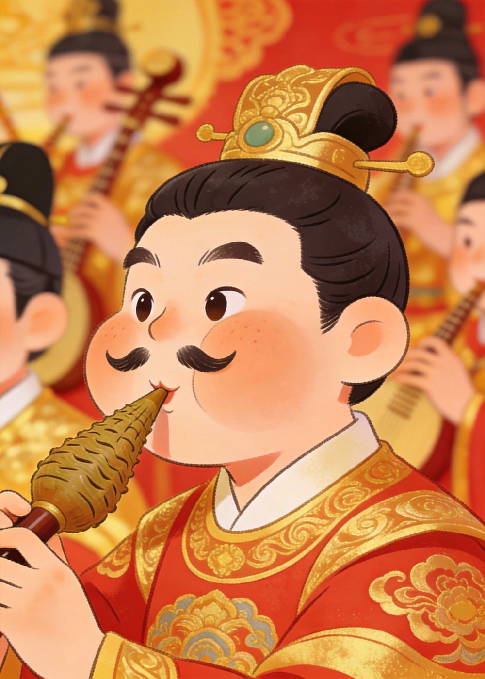 其实他根本不会吹，只是混在人群中做做样子，谁也看不出破绽。