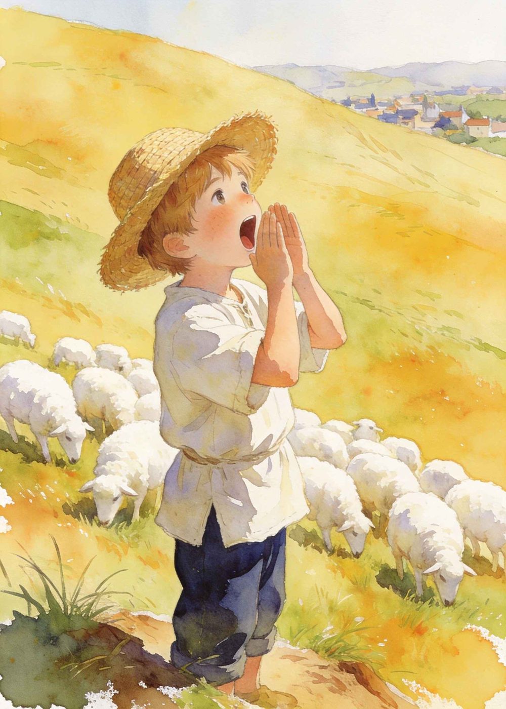 "狼来了！狼来了！"他朝山下大声喊了起来。