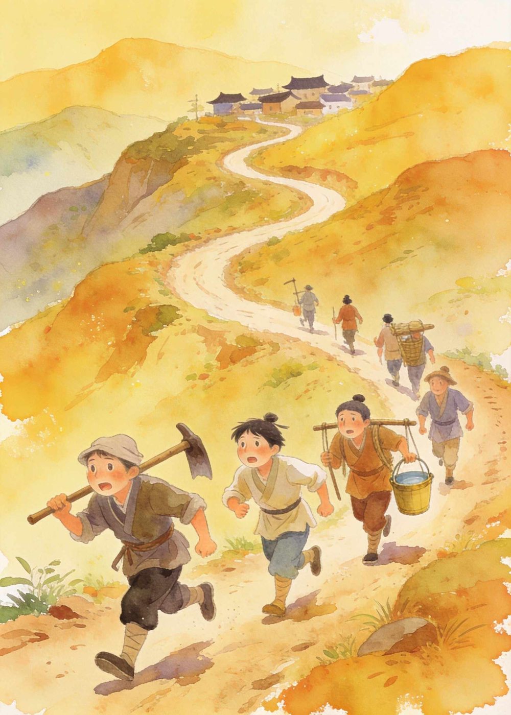 村民们听见喊声，赶紧放下手里的活，急急忙忙跑上山来。