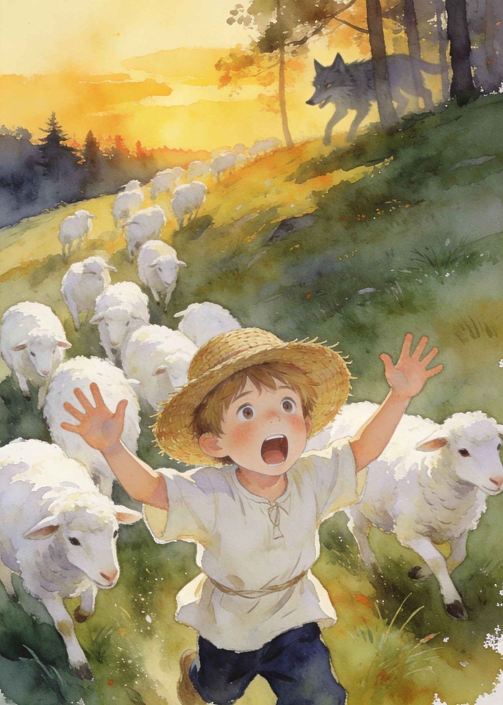 "狼来了！这次狼真的来了！"男孩吓得拼命大喊。