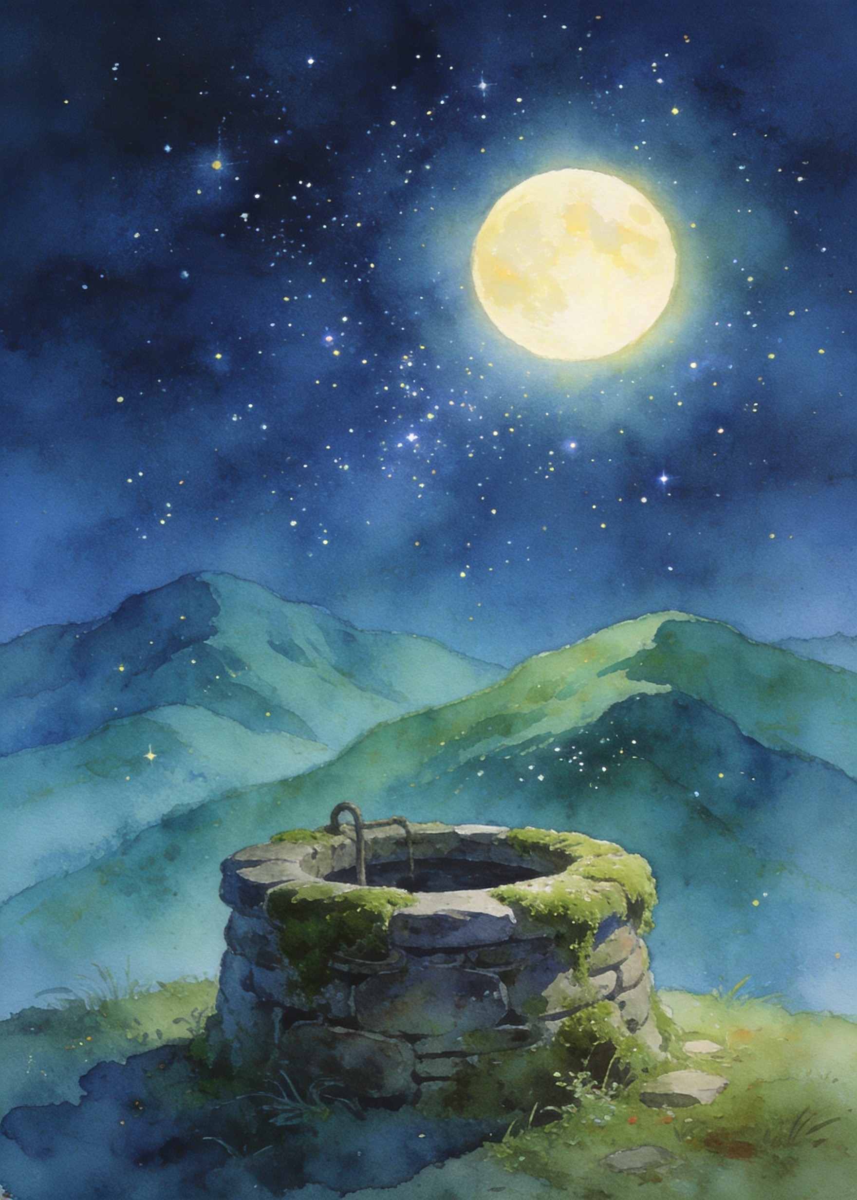 一个安静的夜晚，圆圆的月亮挂在天上。