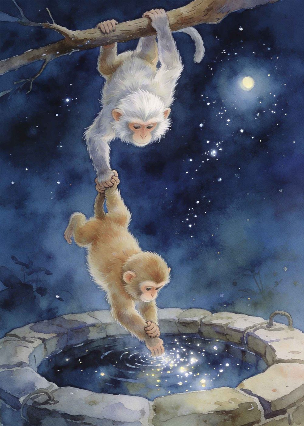 大猴子拉住老猴子的脚，也倒挂了下来。