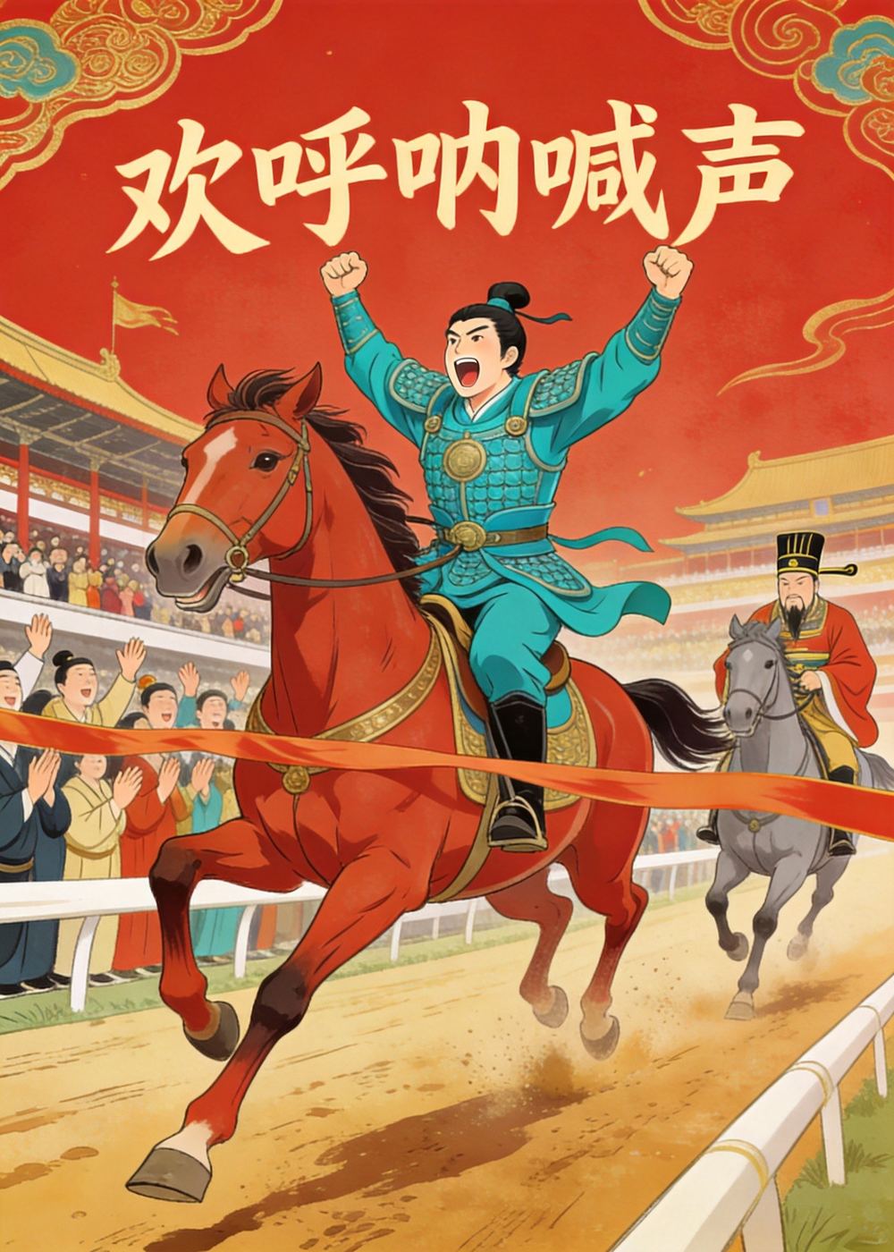 枣红马跑得飞快，先到终点，田忌扳回一场，观众掌声雷动。