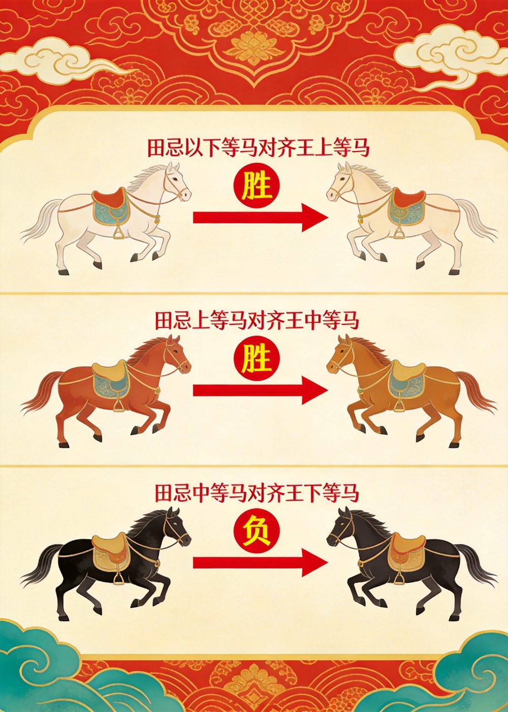 田忌赛马的妙处，在于以弱对强、避其锋芒，把每一场的优势都用好。