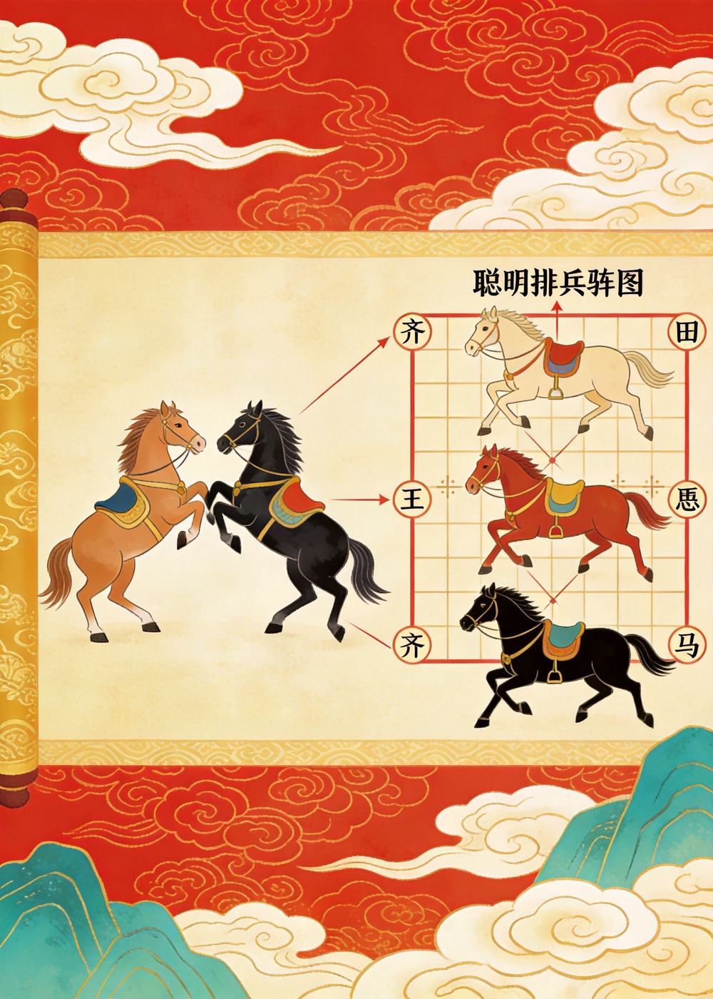 这个故事告诉我们：条件相同时，善于动脑、合理布局，也能以弱胜强。