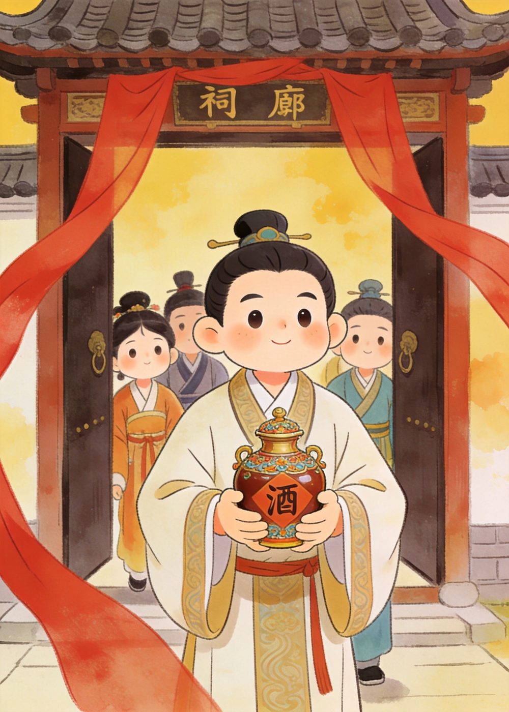 主祭人捧着一壶好酒,要赏给帮忙的门客们。