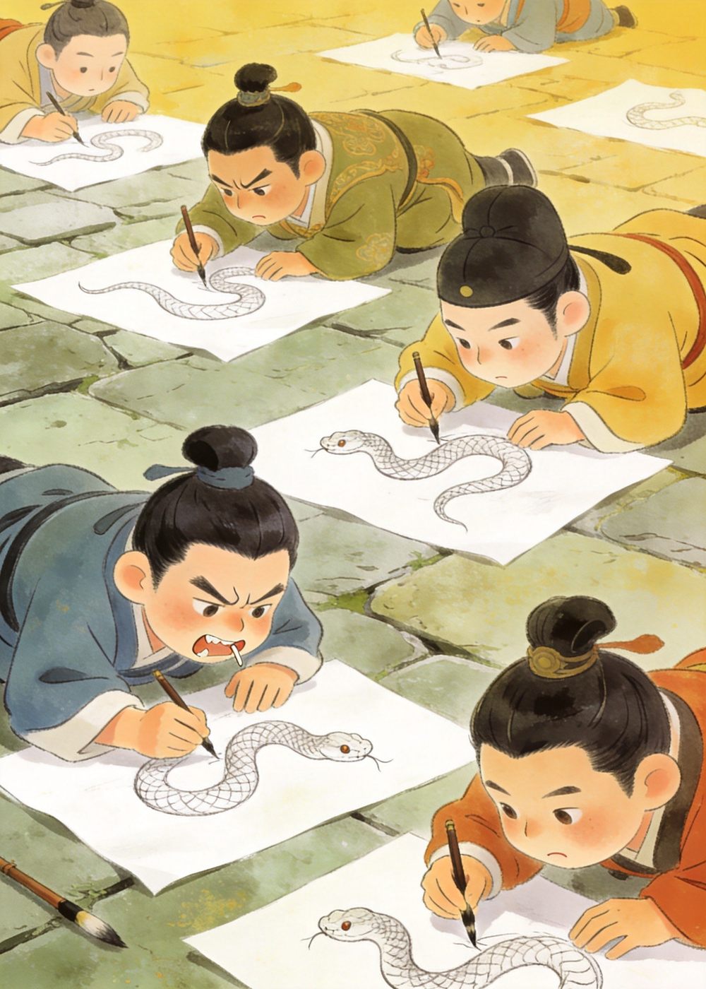 几个人趴在地上专心画,蛇的样子各有不同。