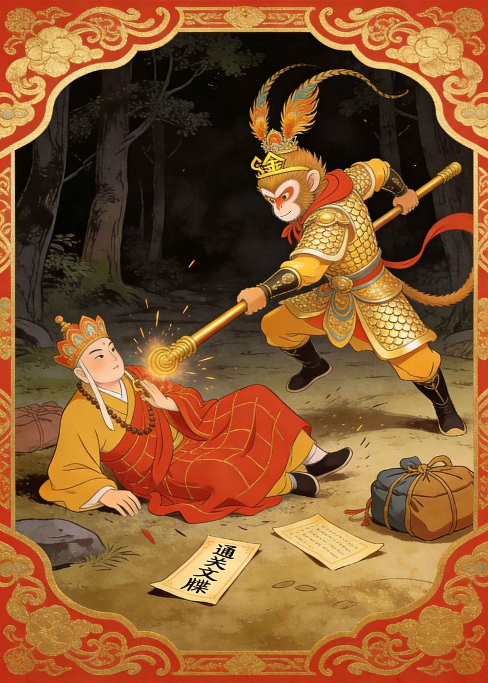 这时一个假悟空出现，打昏唐僧抢走了行李。
