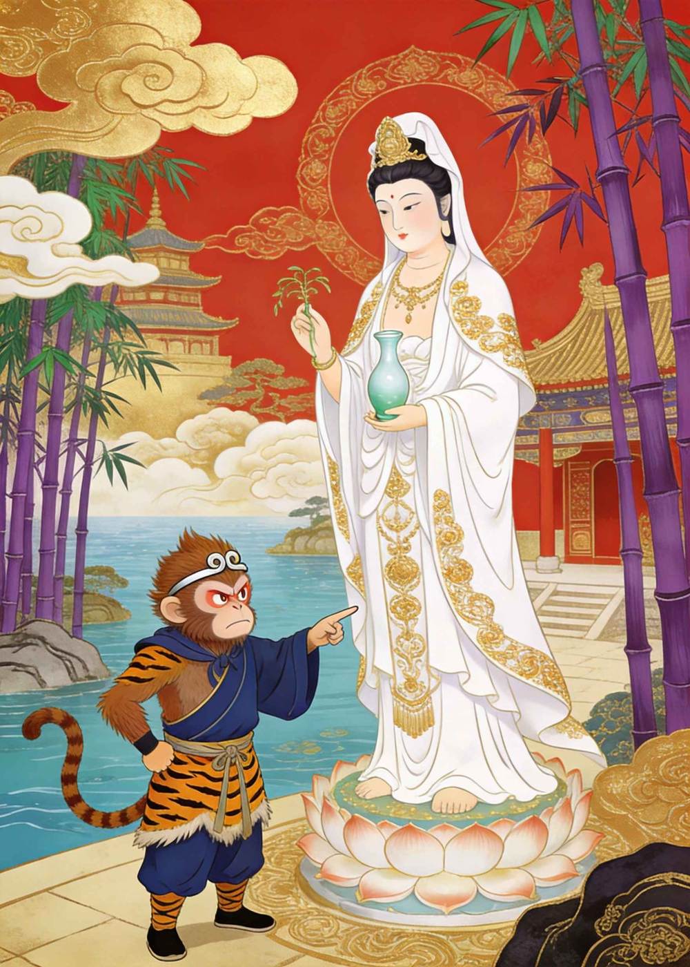 沙僧去找观音告状，却看见悟空已经在那儿了。