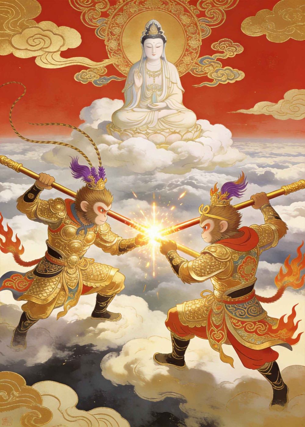 两个悟空相遇了，一模一样，当场就打了起来。