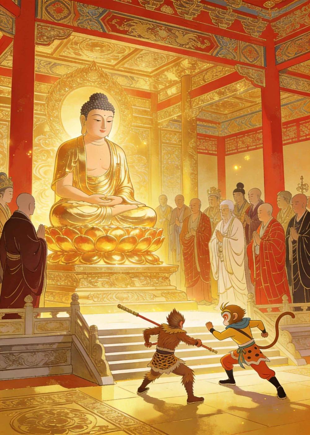 两人打到西天，如来佛祖正在给众佛讲经。