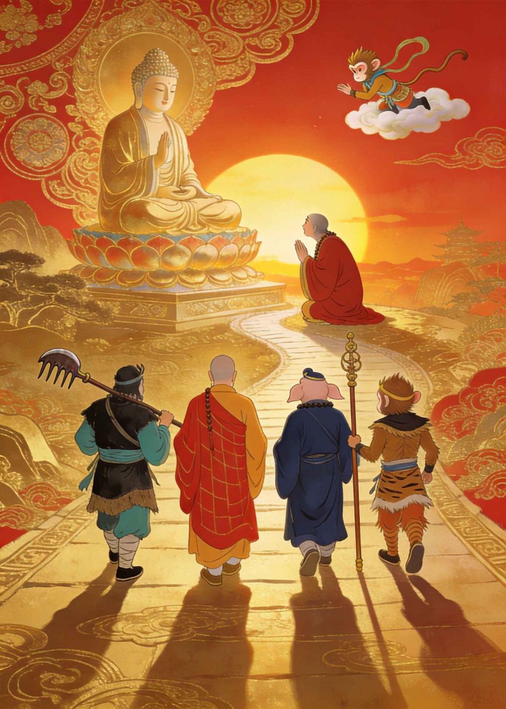 如来劝悟空回去，师徒团聚继续西天取经。