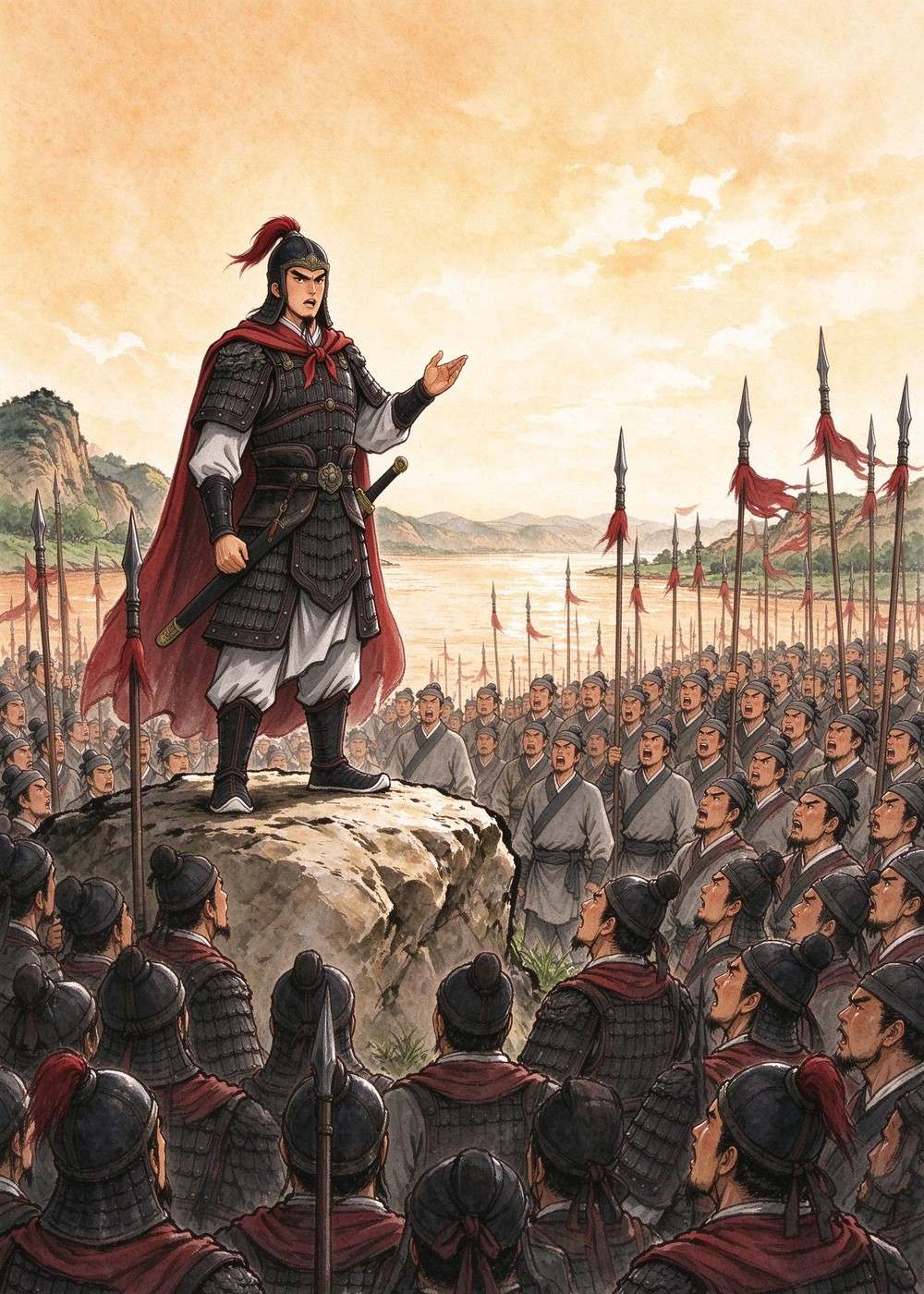 上了岸，项羽把大家召集起来。