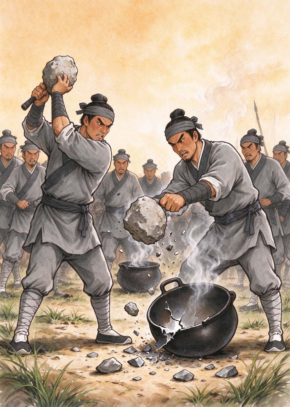 士兵们把做饭的锅全部砸破了。