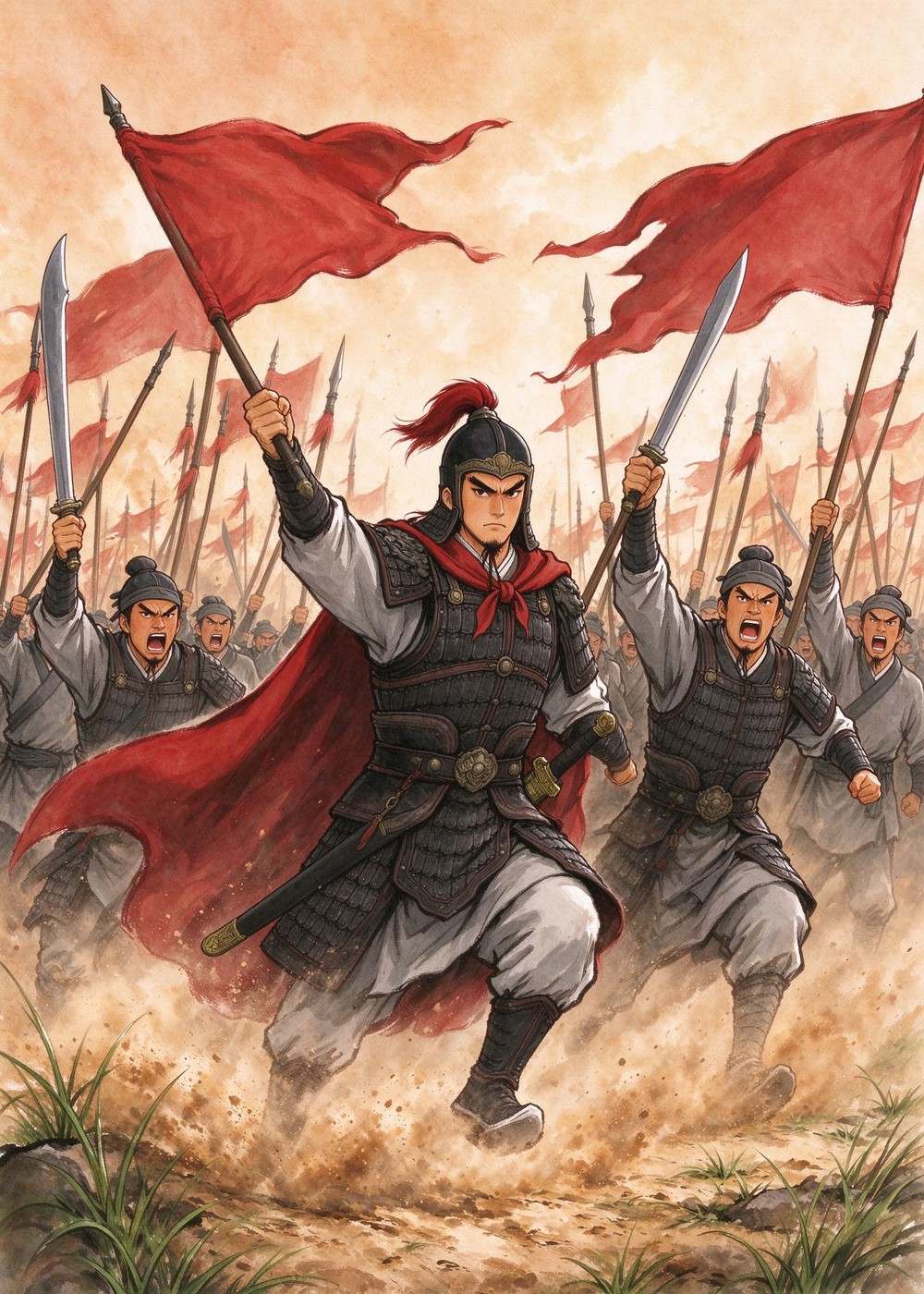 士兵们跟着他，喊着杀声冲上去。