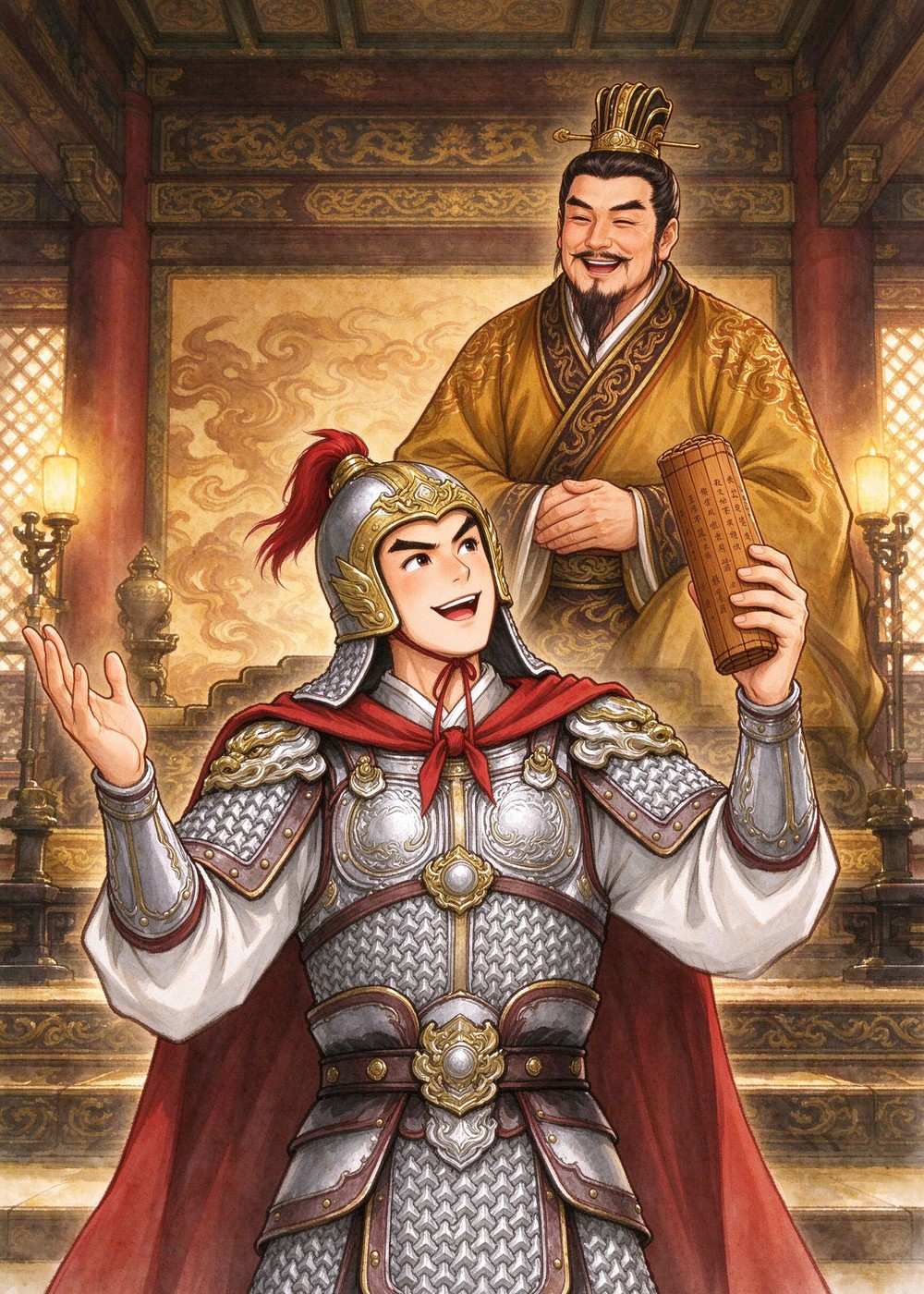 赵括对着赵王，从兵书里讲了一大套，赵王听了直点头。