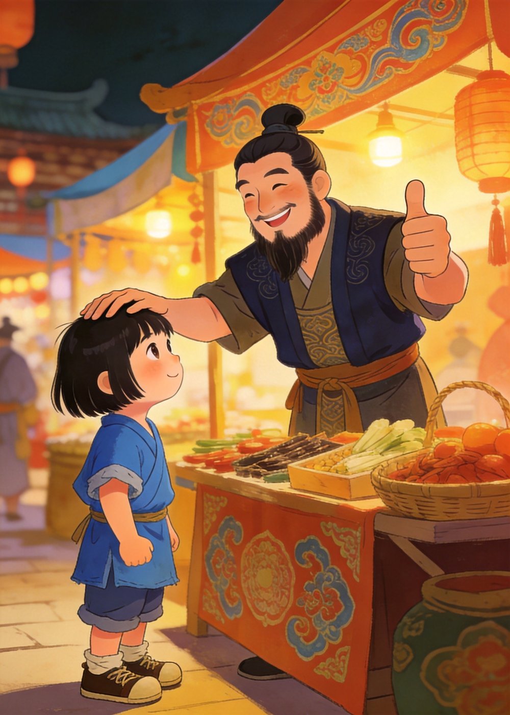 小孩子为他竖起大拇指：知错能改，就是好样的！商人开心地摸摸他的头。