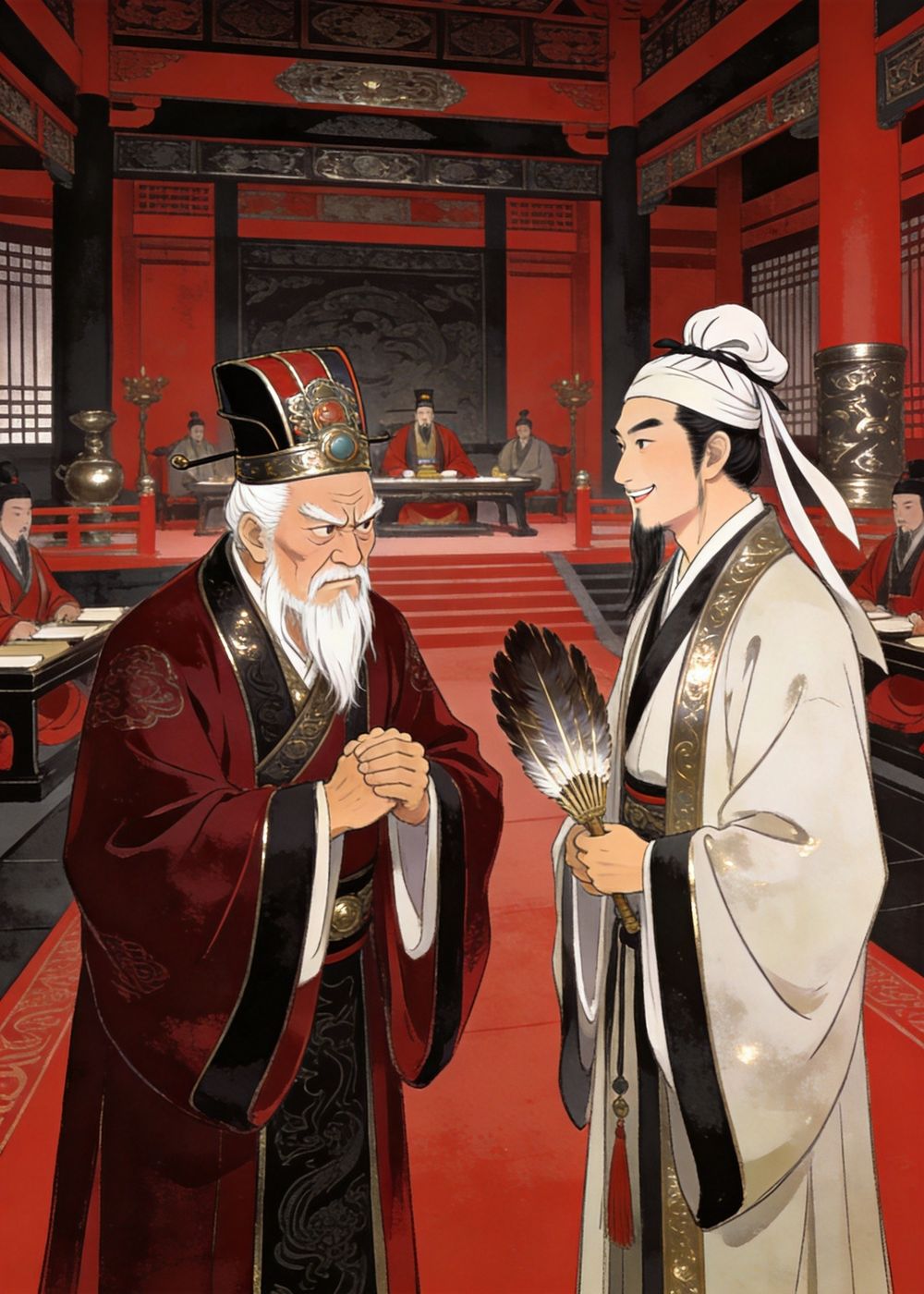 东吴谋士张昭率先发难，请孔明逐一答疑，心中有异议的人很多。