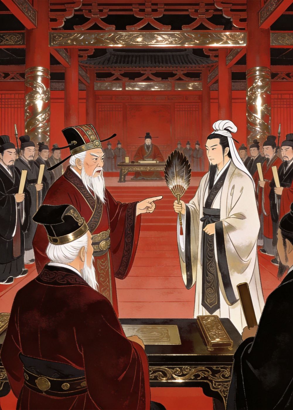 张昭责问孔明为何不取荆州反让曹操得势，咄咄逼人。