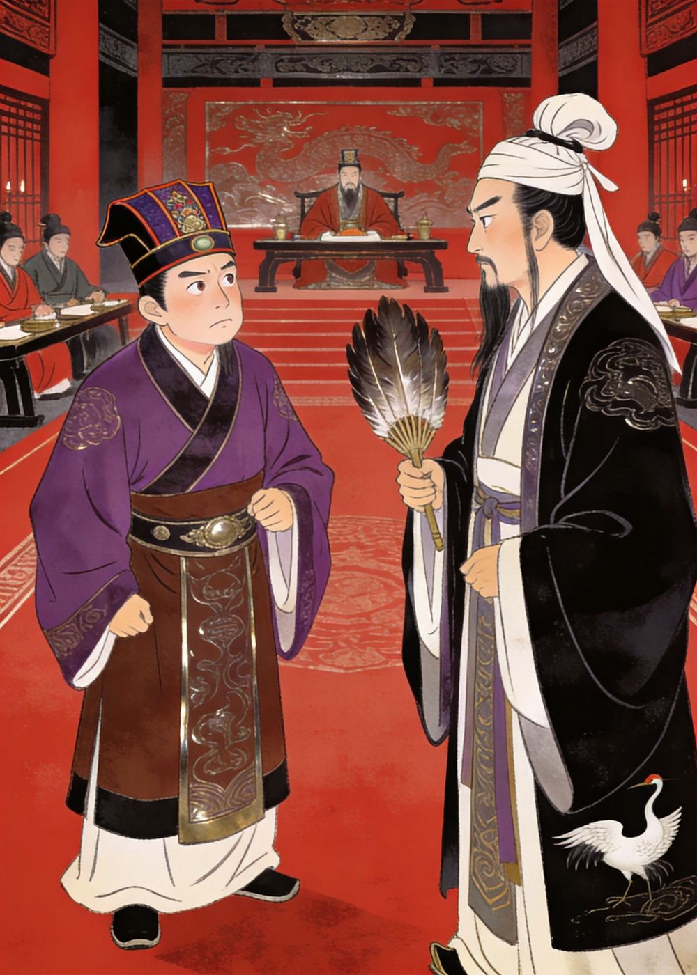 陆绩又以出身相问，孔明据理而对，群臣议论纷纷。