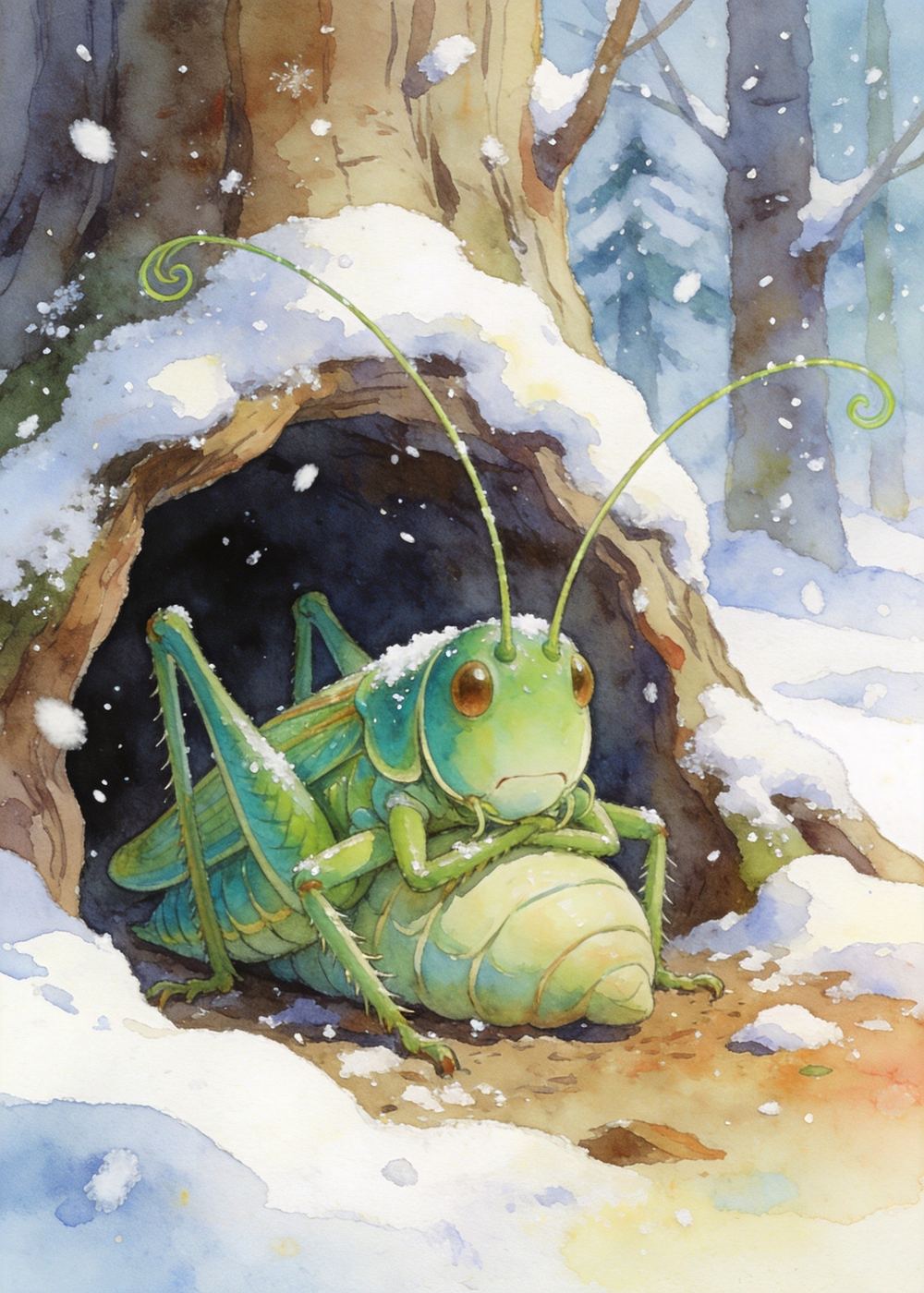 可蝈蝈一个人缩在雪地里，又冷又饿。