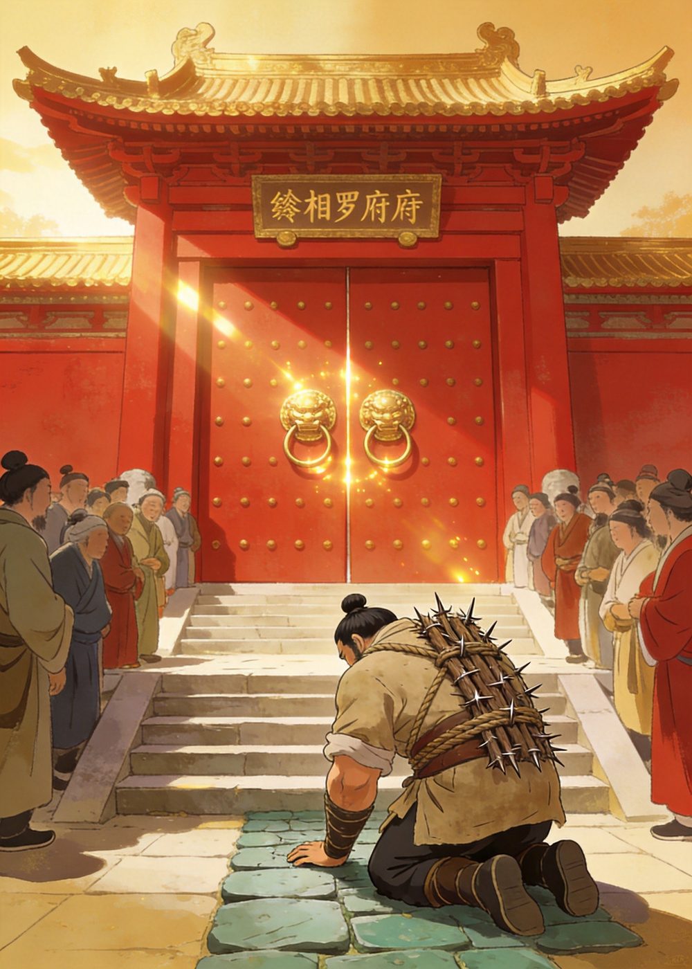 他来到蔺相如门前，跪下来诚恳地说：我以前错了，请你责罚我！