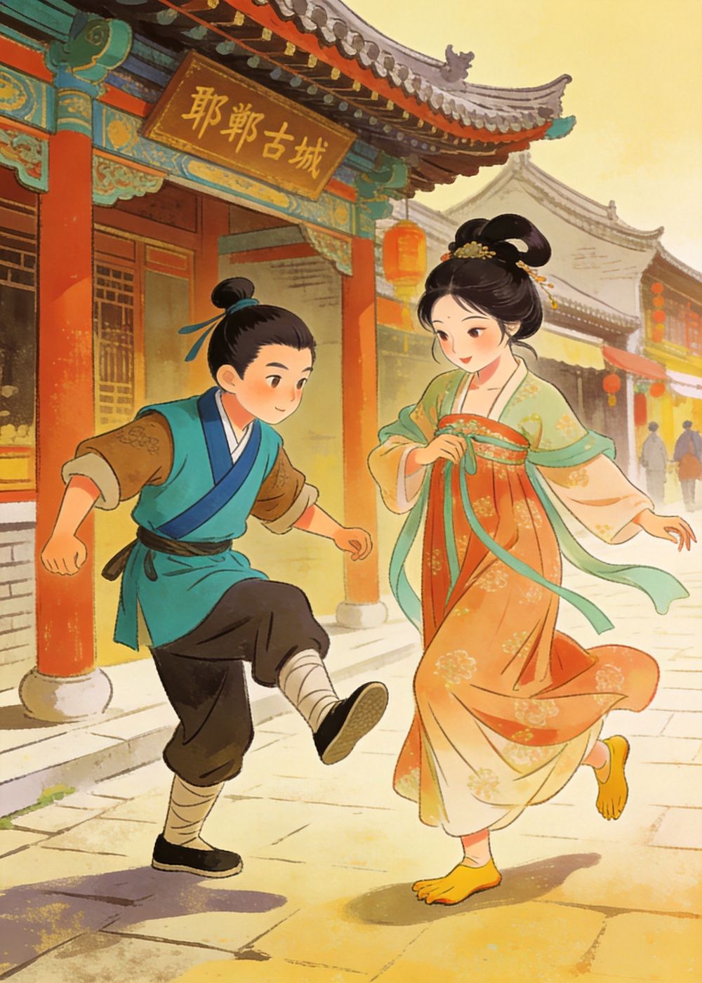 他又去学一个姑娘轻盈的步子，踮着脚尖摇摇晃晃，反而把自己走得歪歪扭扭。