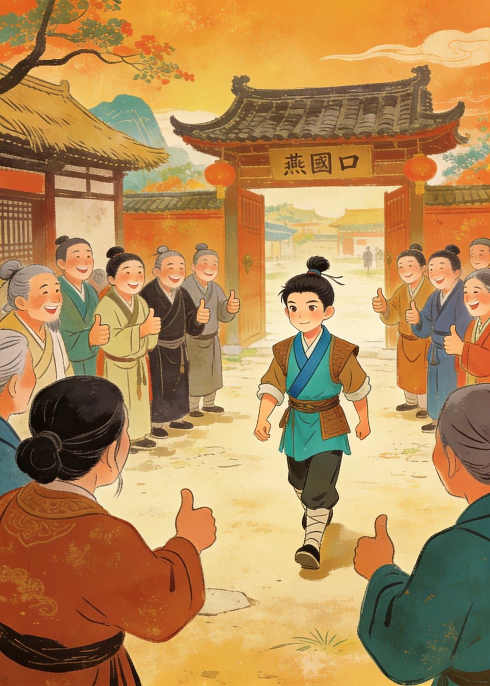 回到家乡，大家见他走得又稳又精神，都笑着夸他：这孩子，越来越有自己模样了。