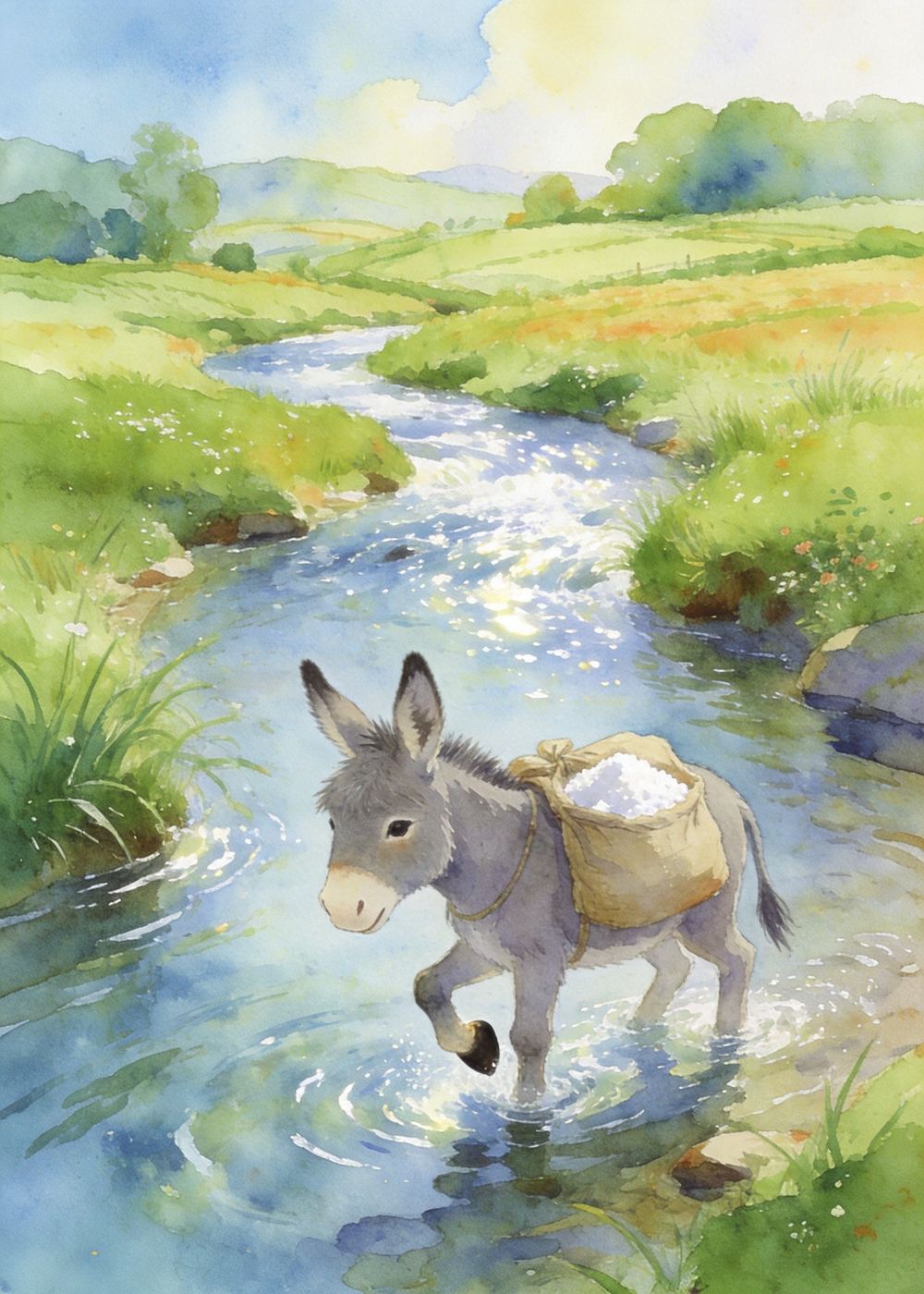 毛驴来到一条清澈的小河边，河水凉丝丝的，它小心地踮起蹄子踏进水里。
